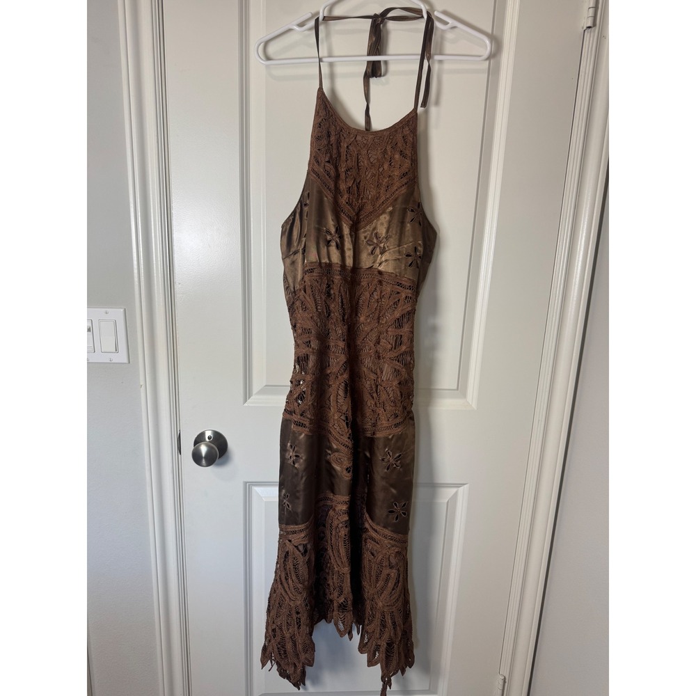Y2K Krochetta by Papillon Satin Crochet Lace Whimsigoth Midi Dress M Fairy Vtg
